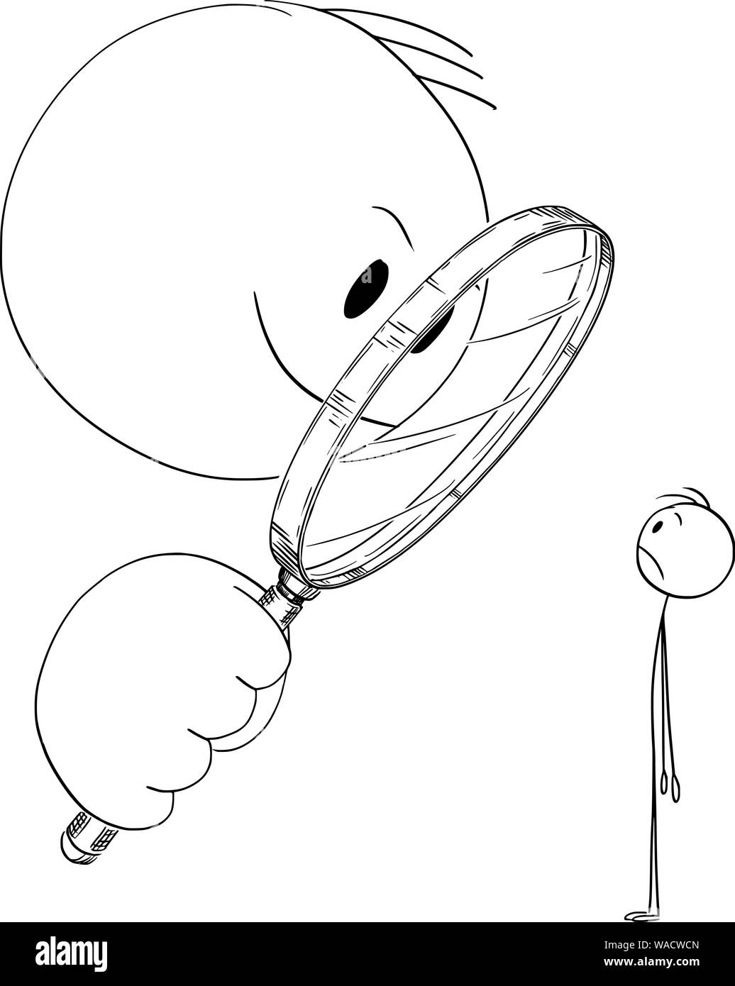 Vector cartoon stick figura disegno illustrazione concettuale dell'uomo o imprenditore guardando attraverso la lente di ingrandimento o lente di ingrandimento a un piccolo uomo. Illustrazione Vettoriale