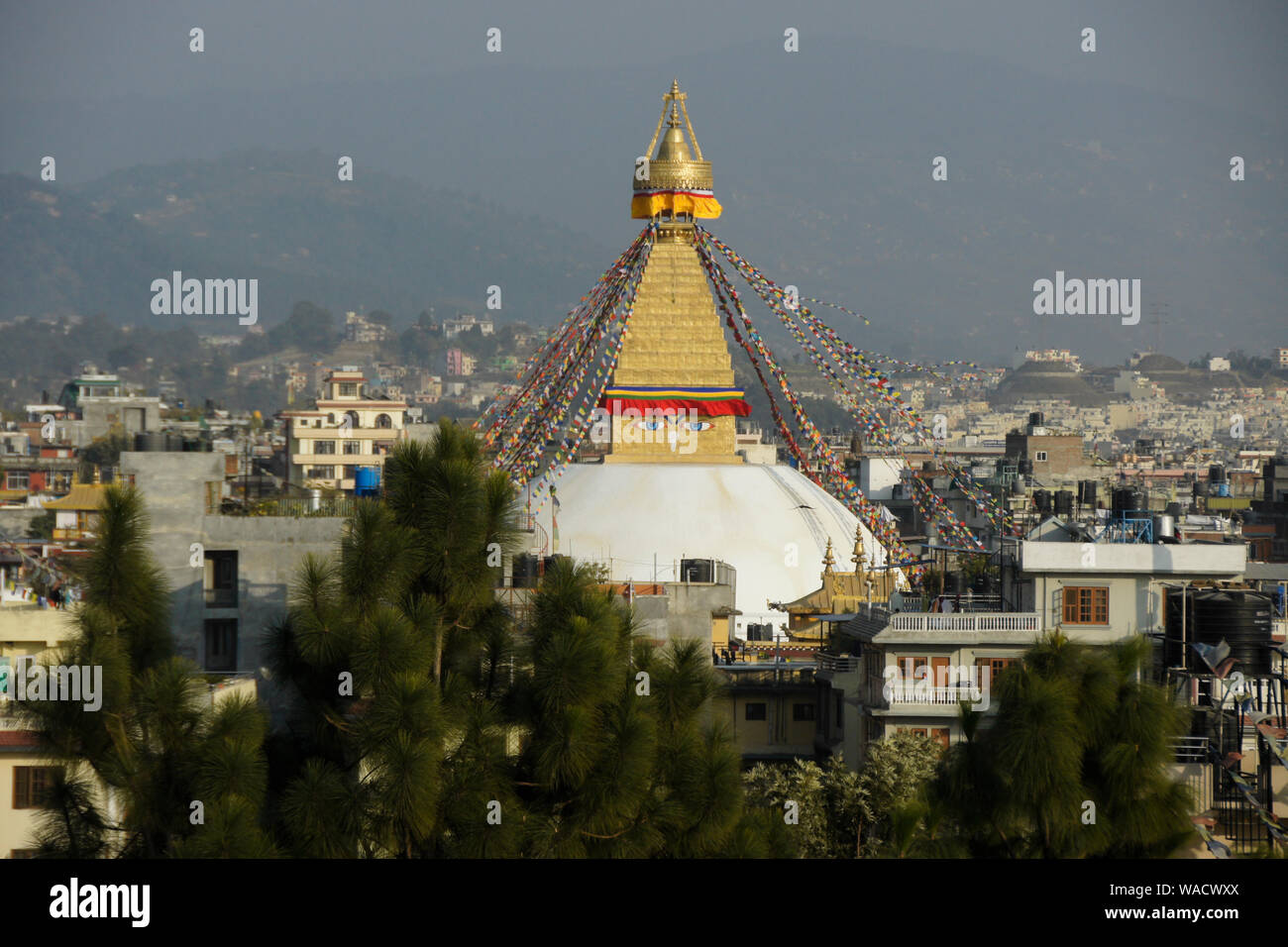 Tibetano Boudhanath stupa buddisti con la preghiera colorati Bandiere, Kathmandu, Nepal Foto Stock