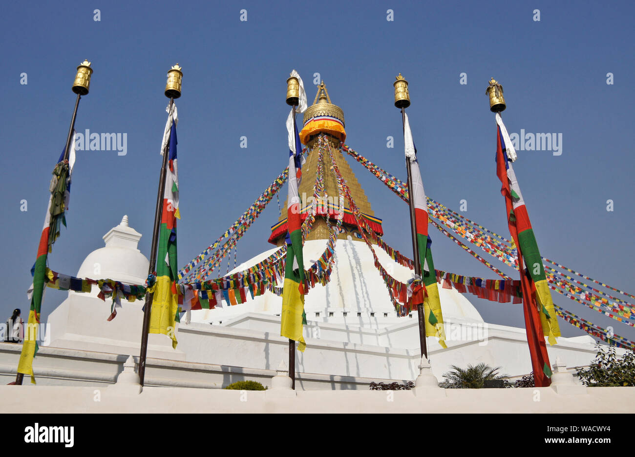 Tibetano Boudhanath stupa buddisti con la preghiera colorati Bandiere, Kathmandu, Nepal Foto Stock