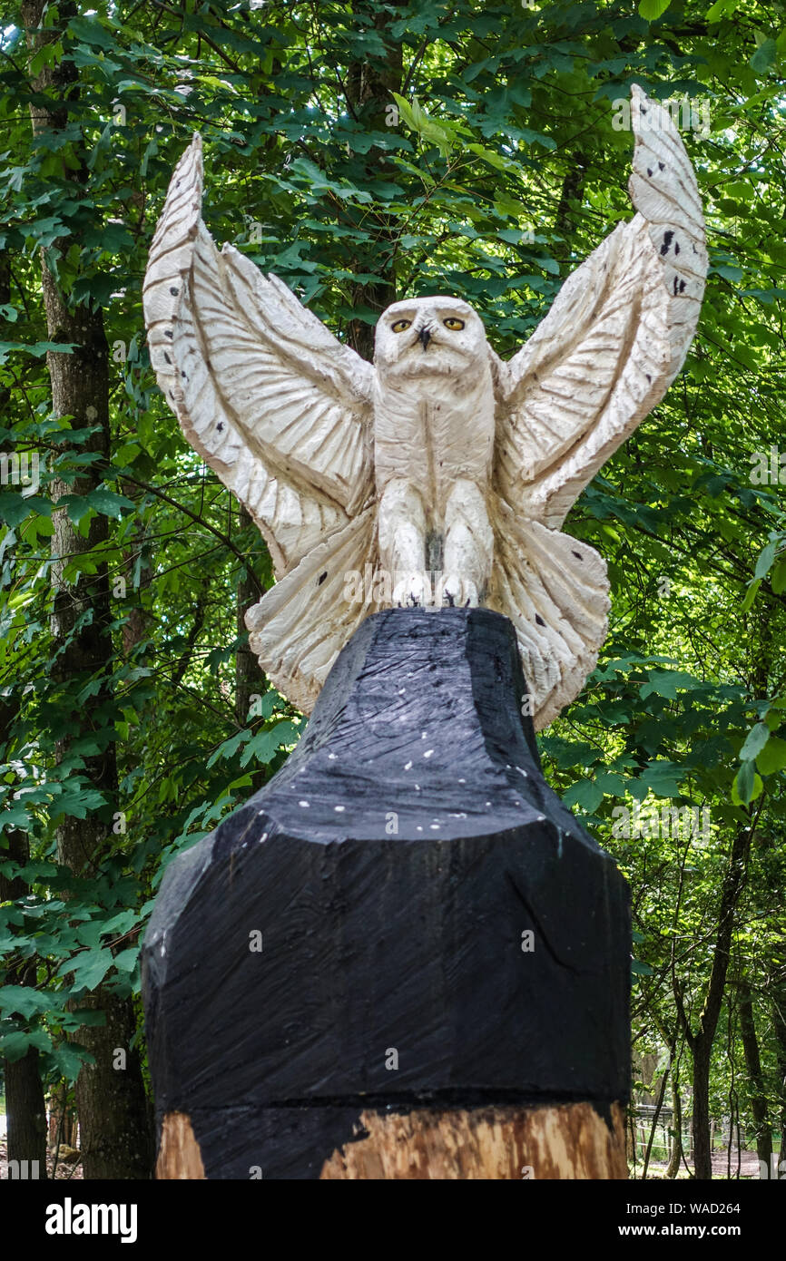 Han-sur-Lesse, Belgio - 25 Giugno 2019: parco animale con la civetta delle nevi statua in primo piano, annerita sul ceppo di albero con fogliame verde nel retro. Foto Stock