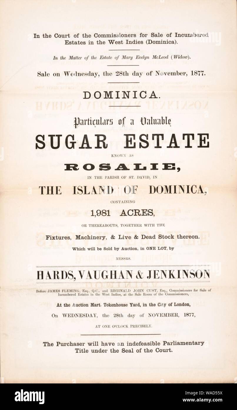 Dominica, indicazioni di un prezioso zucchero station wagon - noto come Rosalie, nella parrocchia di San Davide, nell'isola di Dominica, contenente 1,981 acri, o intorno, insieme con gli infissi, Foto Stock