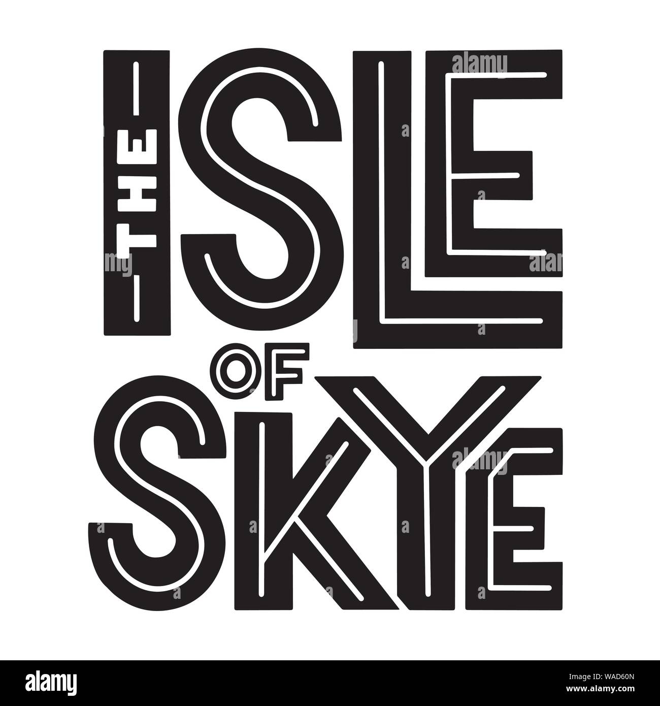 L'isola di Sky sans serif composizione scritta per cartoline, poster, invito o di un logo. Vettore nero minimalista e adesivo bianco. Illustrazione Vettoriale