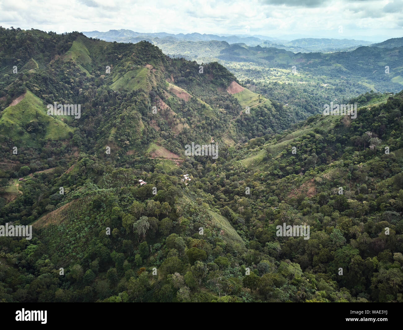 Tema agricolo nel verde paesaggio di montagna sopra visualizza Foto Stock