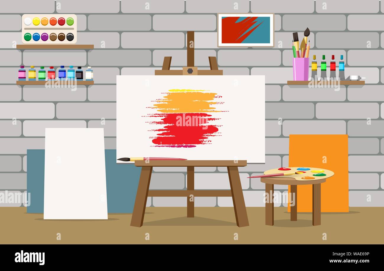 Art Studio interno. Pittore camera studio con cavalletto e vernice apparecchiatura di arte, design studios per artista professionale lavorando, semplice arthome workshop i Illustrazione Vettoriale