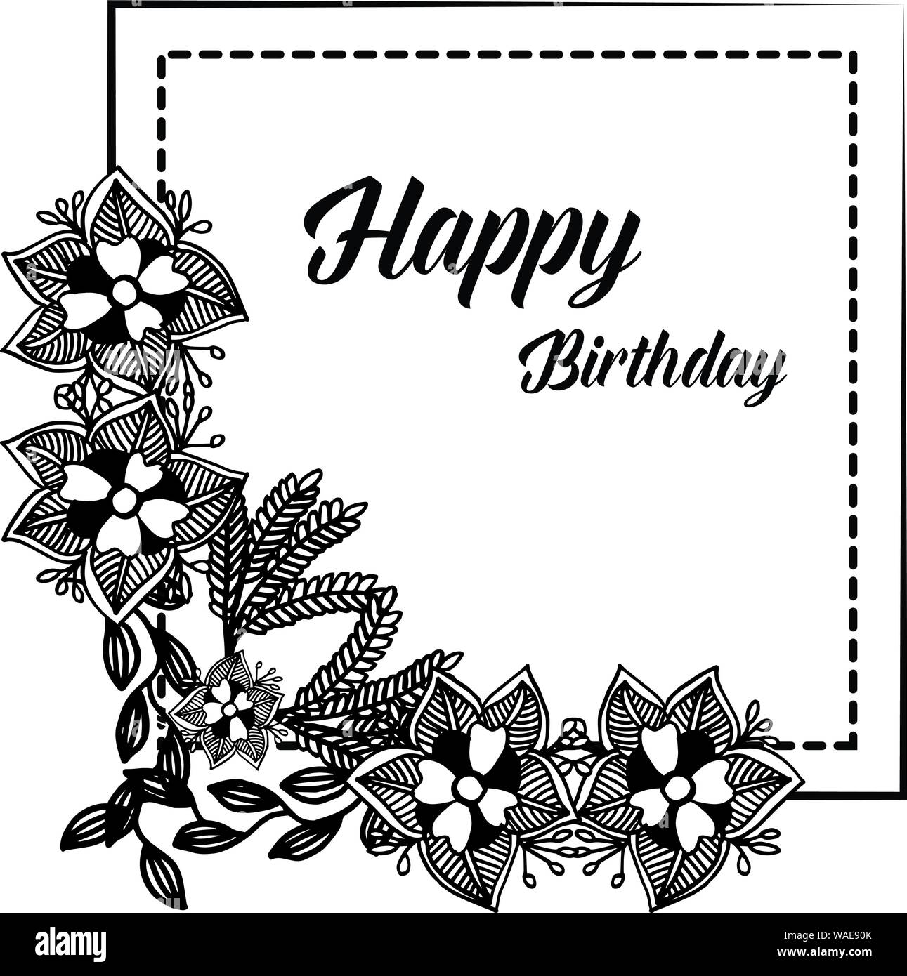 Scritte di buon compleanno, forma di biglietto di auguri, con lo sfondo della splendida cornice di fiori e foglie di vari. Illustrazione Vettoriale Immagine e Vettoriale - Alamy