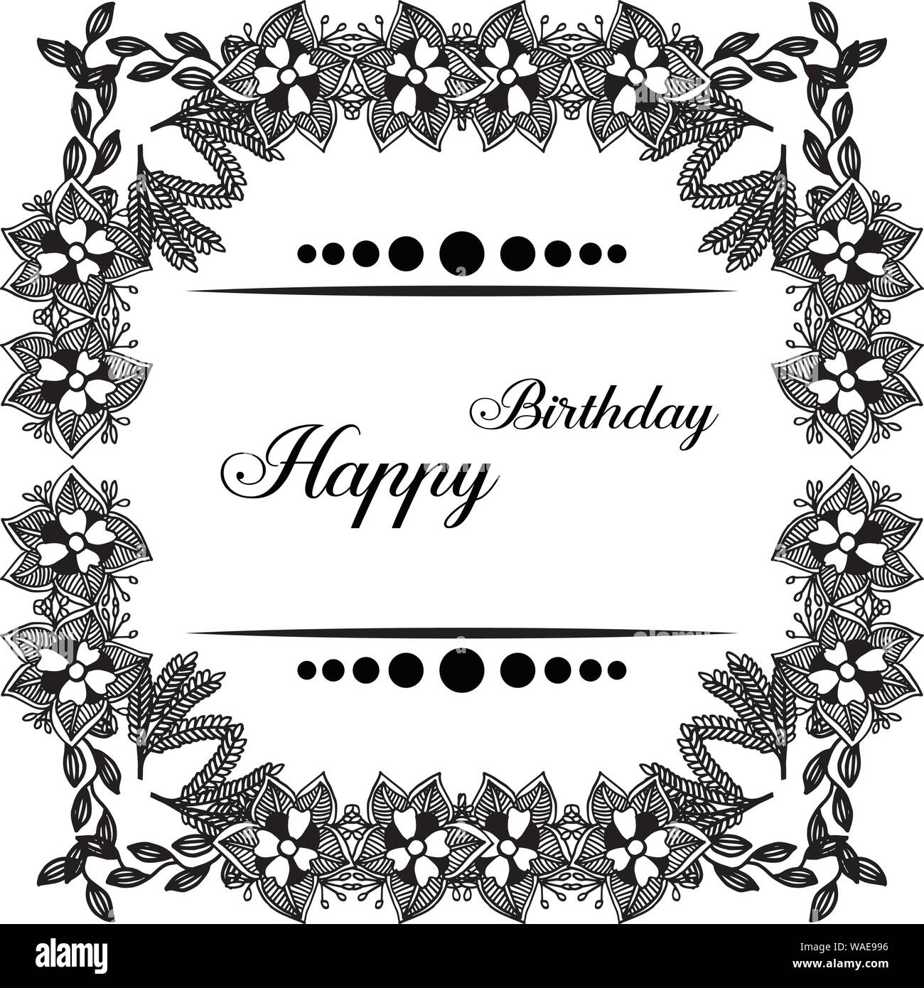 Scritte di buon compleanno, forma di biglietto di auguri, con lo sfondo della splendida cornice di fiori e foglie di vari. Illustrazione Vettoriale Immagine e Vettoriale - Alamy