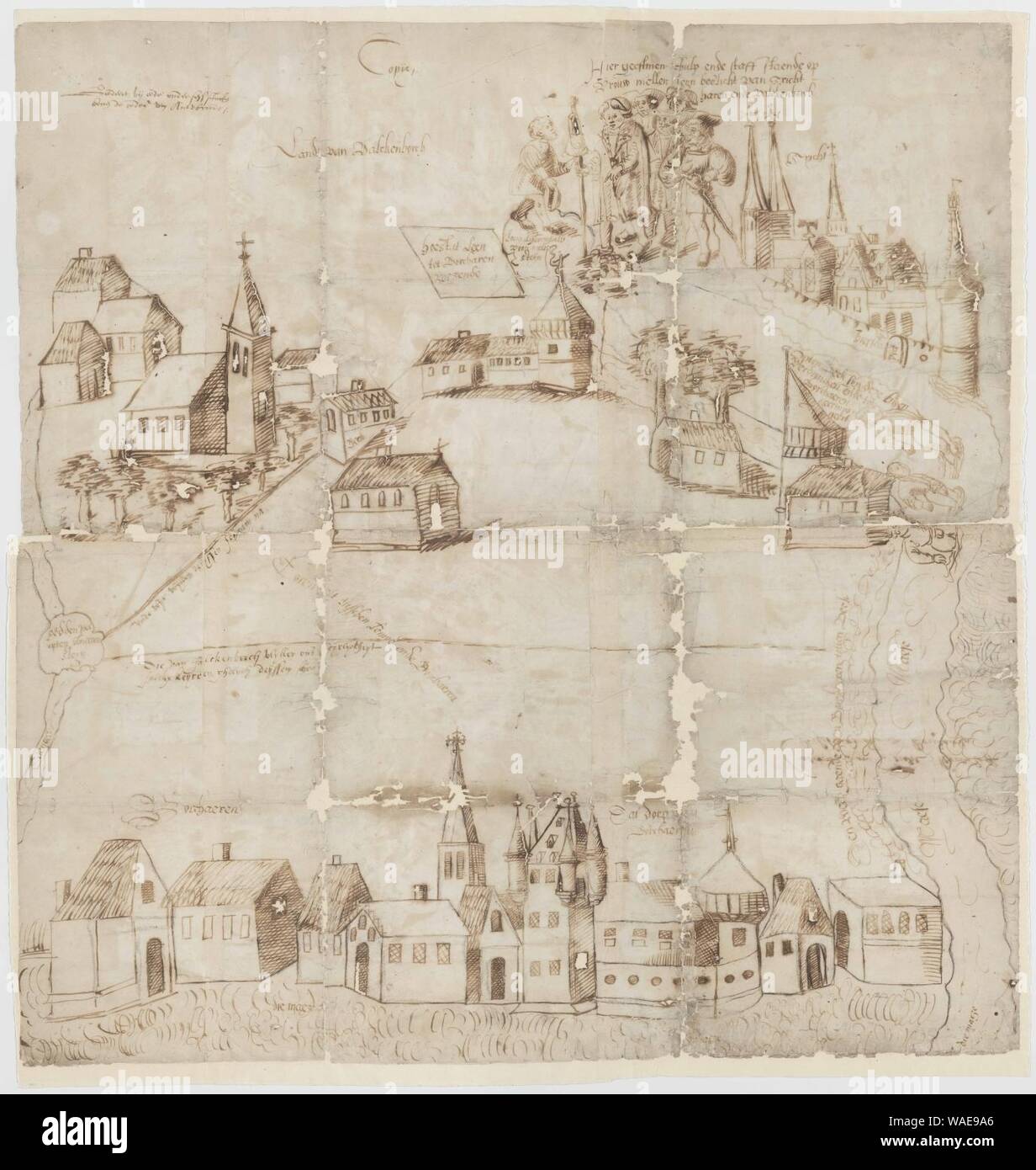 Disegno di edifici di Maastricht, Limmel e Borgharen, ca 1500. Foto Stock