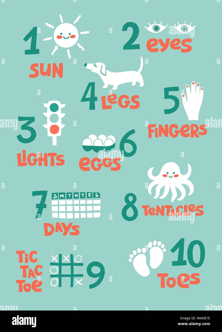 Numeri e pratica di conteggio poster stampabile, foglio di lavoro per la pre-scuola, kindergarten kids. I numeri colorati flashcard per bambini imparare a contare. Illustrazione Vettoriale