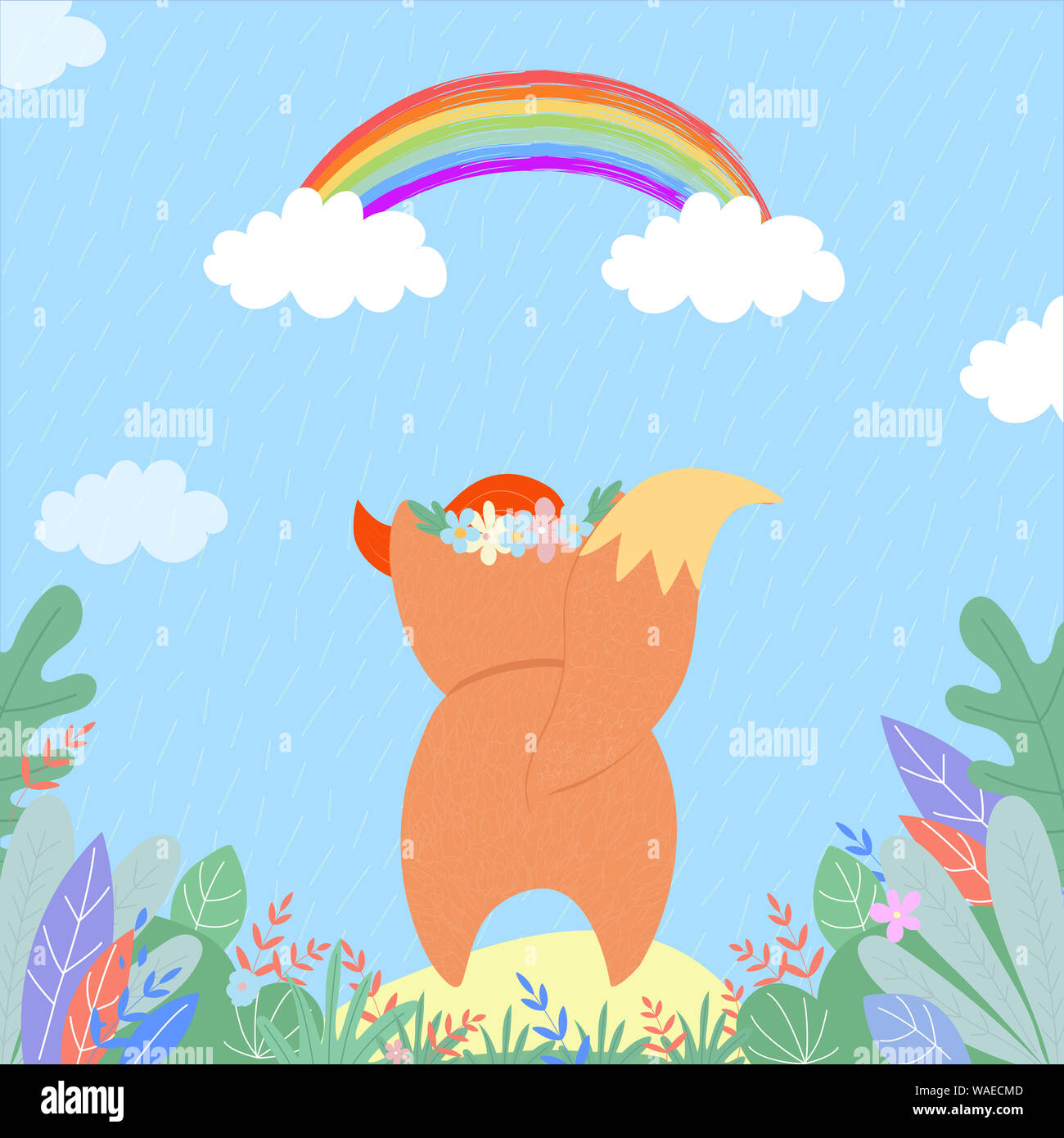 Carino fox guardando su rainbow sotto la pioggia di estate. Divertente piccola volpe vista posteriore in ghirlanda di fiori sul lato posteriore, carattere per bambini baby design. Cartoon ha piatta Foto Stock