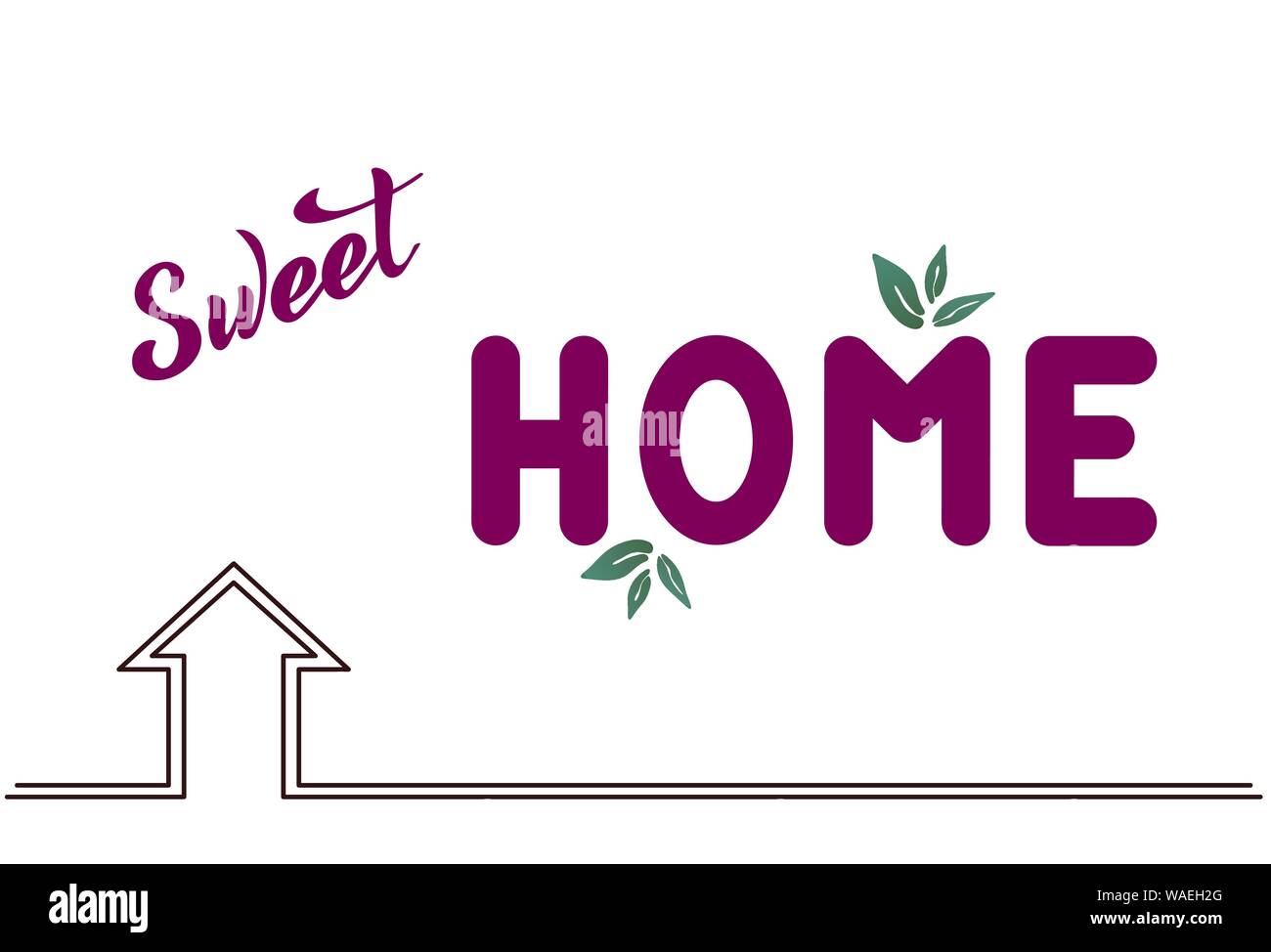 Illustrazione Vettoriale con scritte a mano - Sweet Home. Lilla il testo su sfondo bianco. Per il sito web, cafe, shop, interior design, vestiti, borsa. Illustrazione Vettoriale