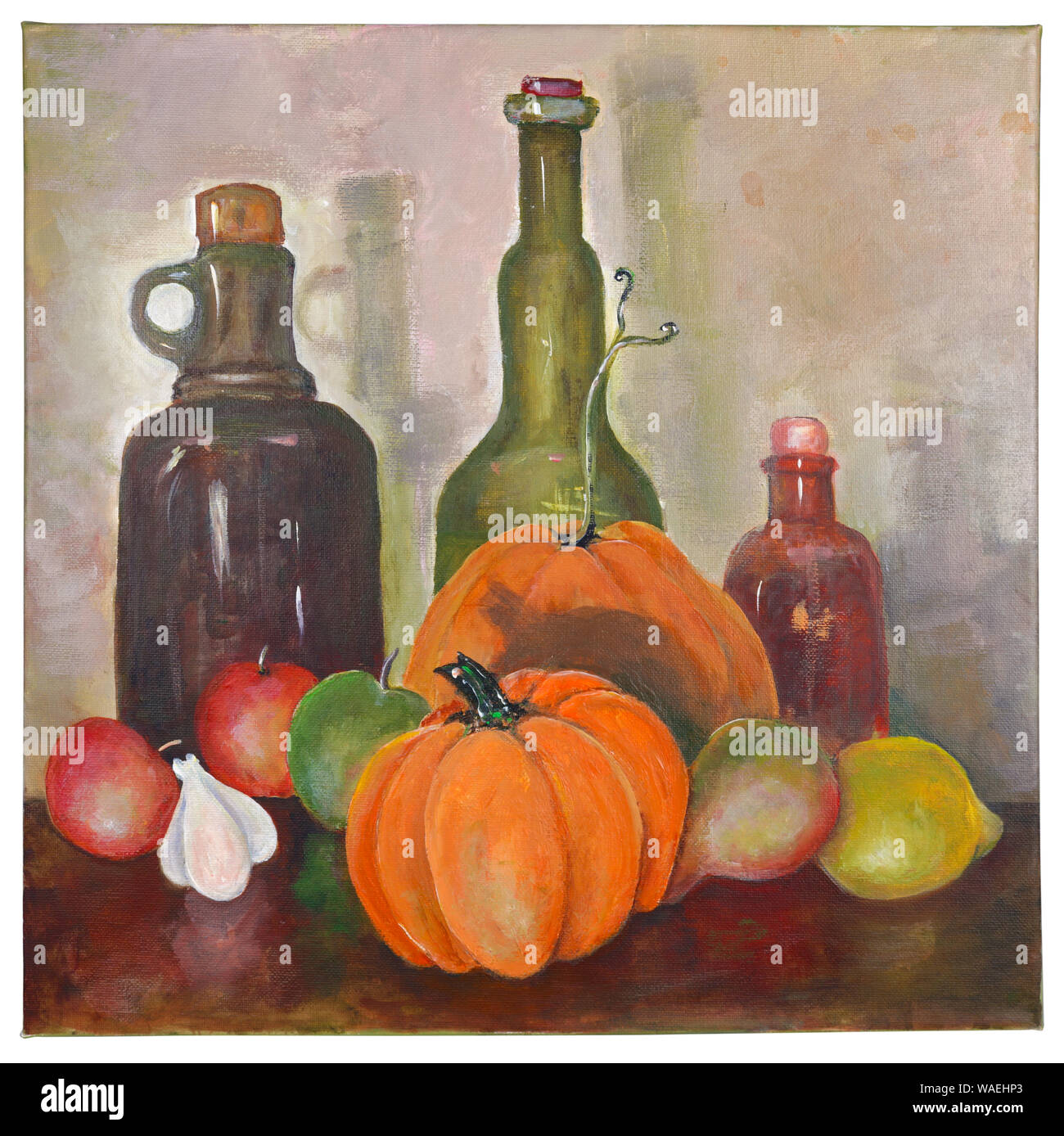 Ancora in vita per la cucina è dipinto a mano su tela con vernici acriliche. Disegnate la frutta e la verdura di vetro bottiglie vintage. Foto Stock