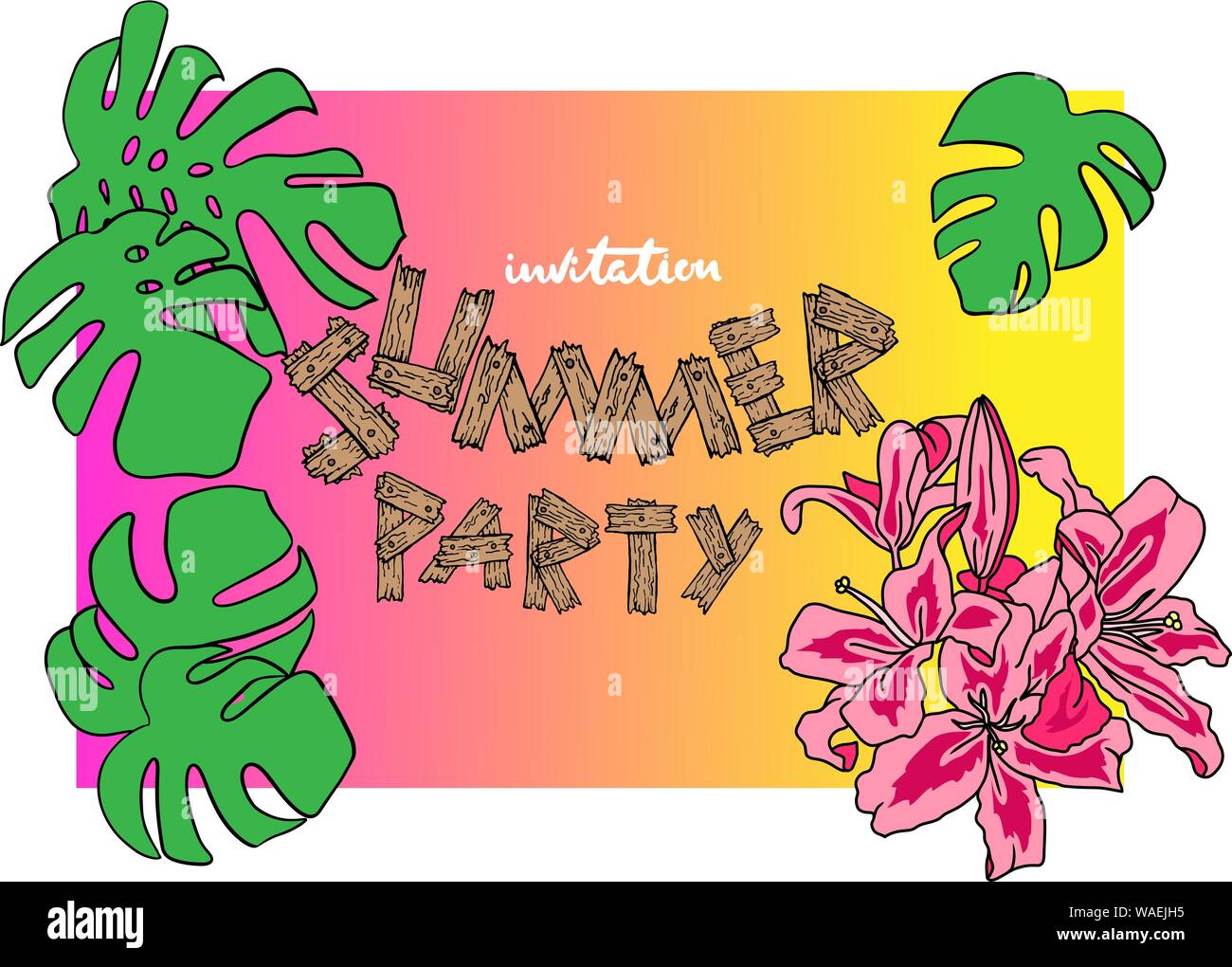 Beach party invito. Card per le vacanze estive. Illustrazione Vettoriale. Illustrazione Vettoriale