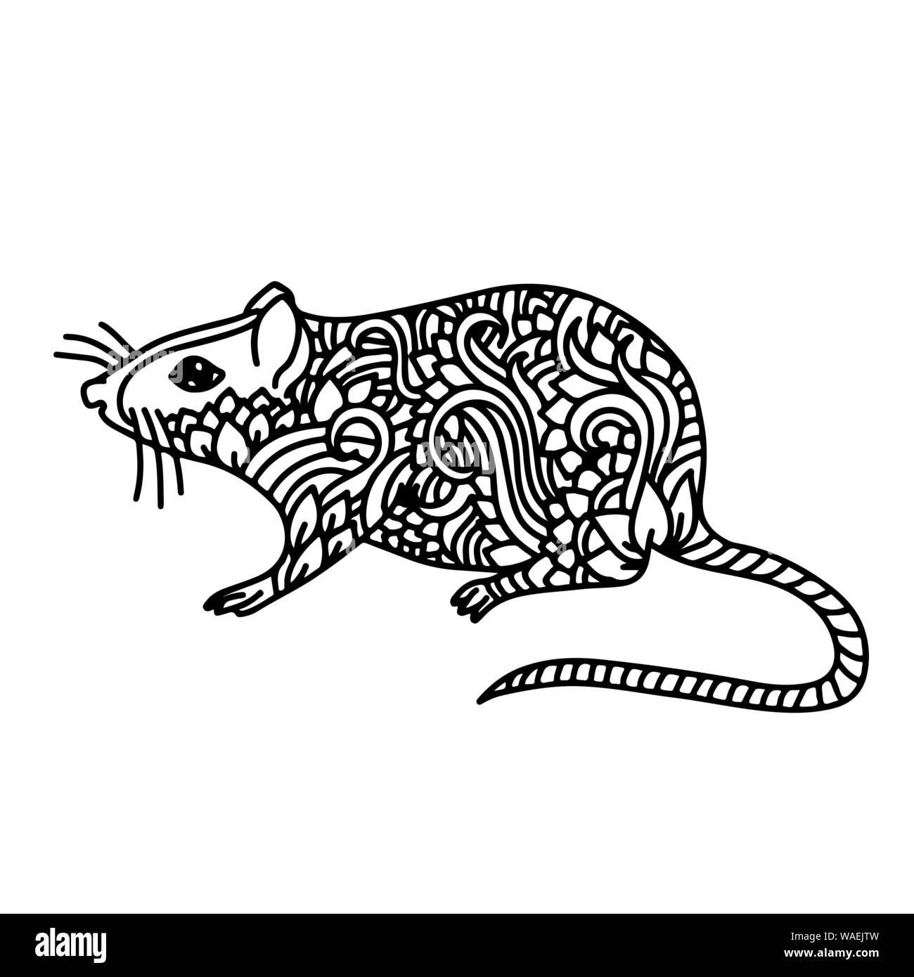 Segno di ratto. Il cinese felice anno nuovo 2020. Bianco e nero schizzo di vacanza. Illustrazione Vettoriale. Illustrazione Vettoriale