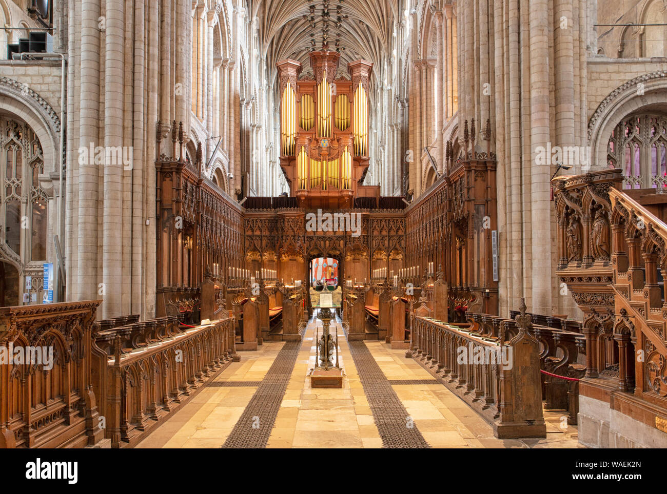L'interno e la sede del vescovo di Norwich Cathedral Foto Stock
