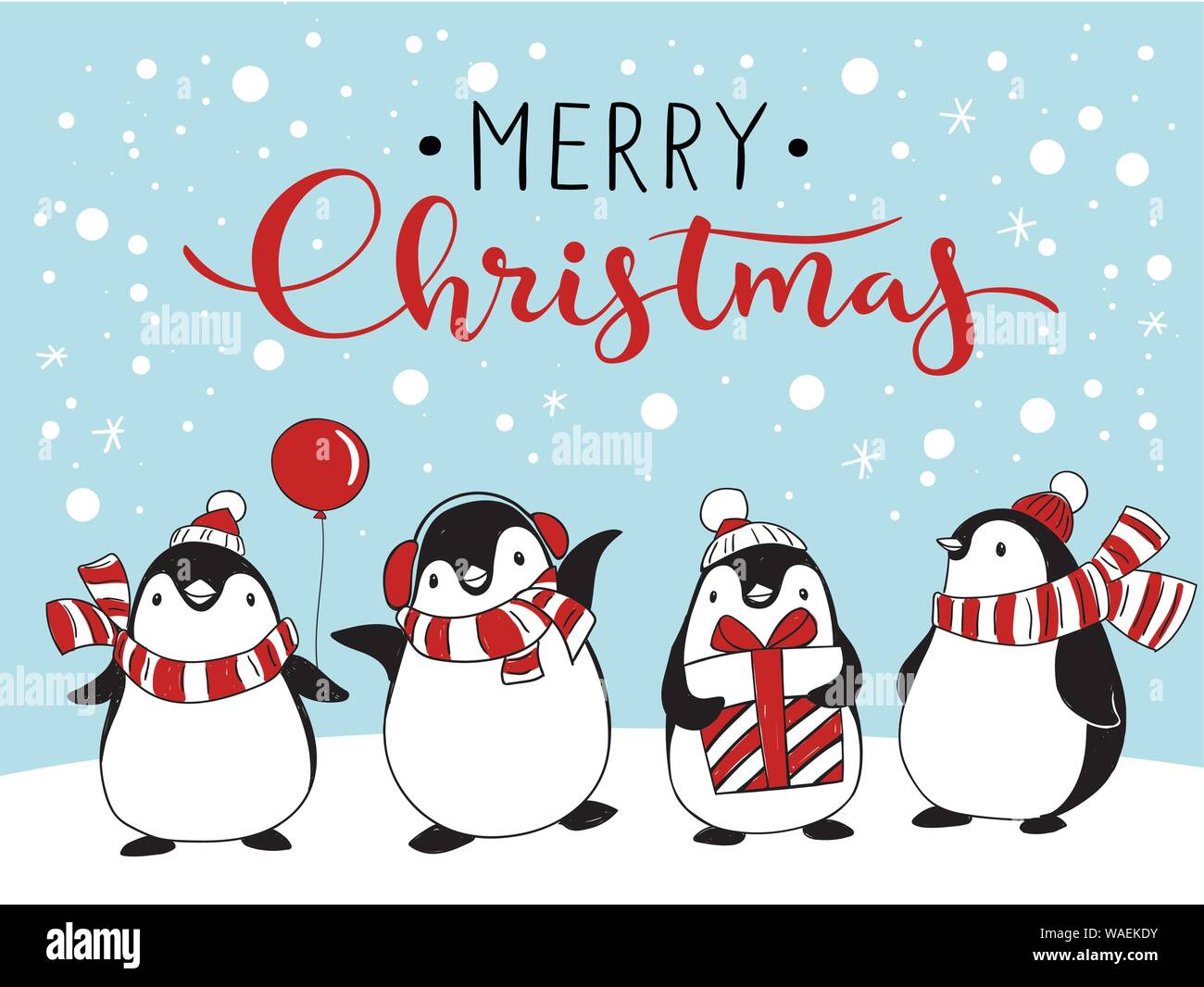 Merry Christmas greeting card con graziosi pinguini Illustrazione Vettoriale