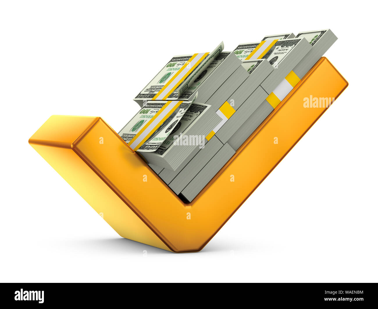 Figura volumetrica del segno di spunta sul quale sono pacchi di dollari. Foto Stock