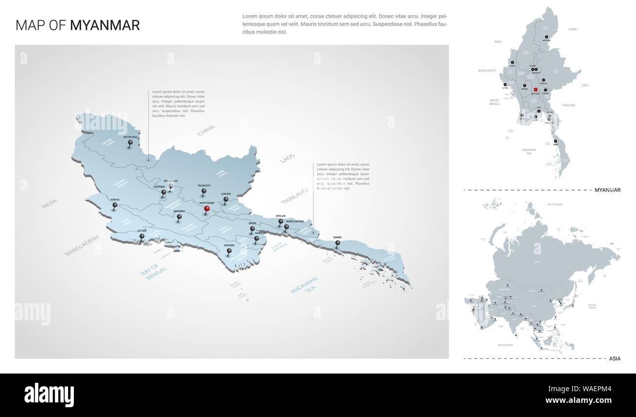 Set di vettore di Myanmar - Birmania paese. Vista isometrica mappa in 3d, Myanmar - Birmania mappa Asia mappa - con regione, stato nomi e nomi di città. Illustrazione Vettoriale
