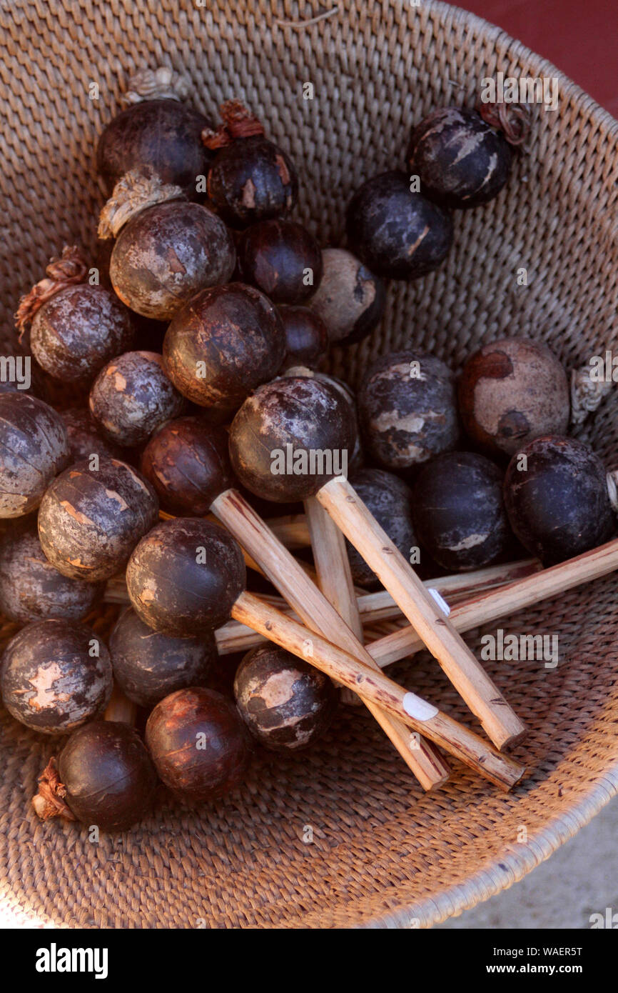 Tradizionali tre seme pod rattles venduti come souvenir sul display al Villaggio Culturale Lesedi, Culla dell'umanità, Sud Africa Foto Stock