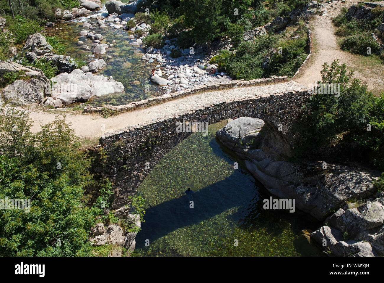 Pont Alzu oltre il Fiume Golo vicino a Scala di Santa Regina, Parco Naturale Regionale della Corsica, Francia, Luglio 2018 Foto Stock