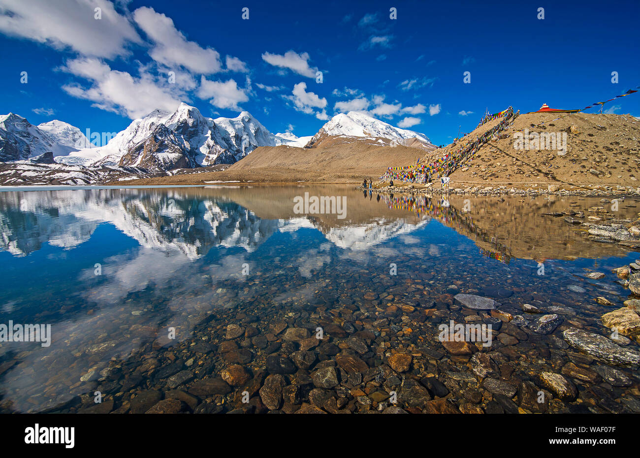 Il Sikkim, INDIA, maggio 2014, la gente al lago Gurudongmar, uno dei più alti laghi nel mondo ad una altitudine di 17,800 ft. Foto Stock