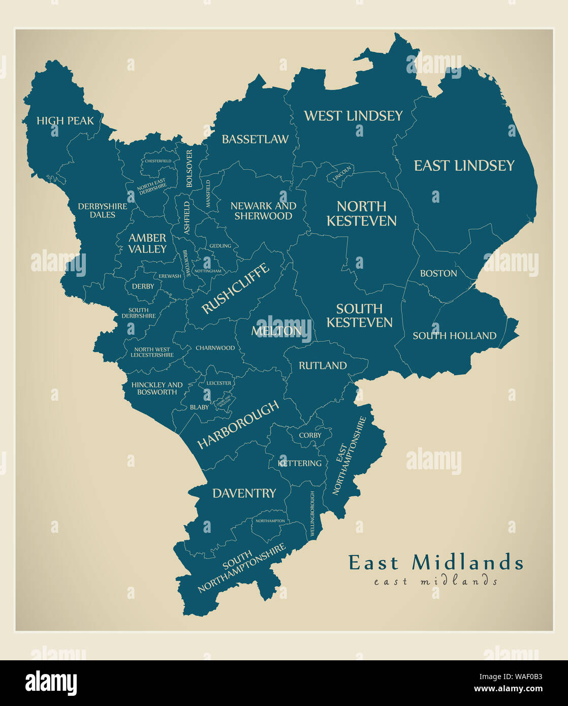 Mappa moderno - East Midlands mappa di Inghilterra Regno unito con i distretti e le etichette Foto Stock