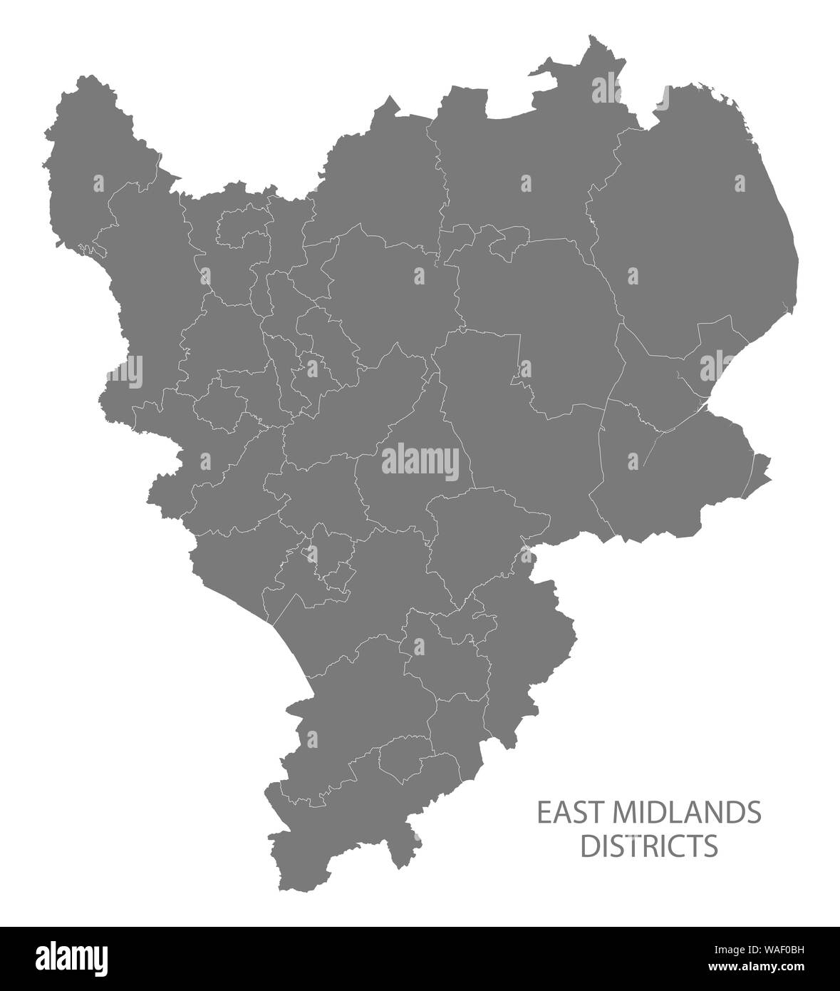 Mappa moderno - East Midlands mappa di Inghilterra Regno unito con i distretti di colore grigio Foto Stock