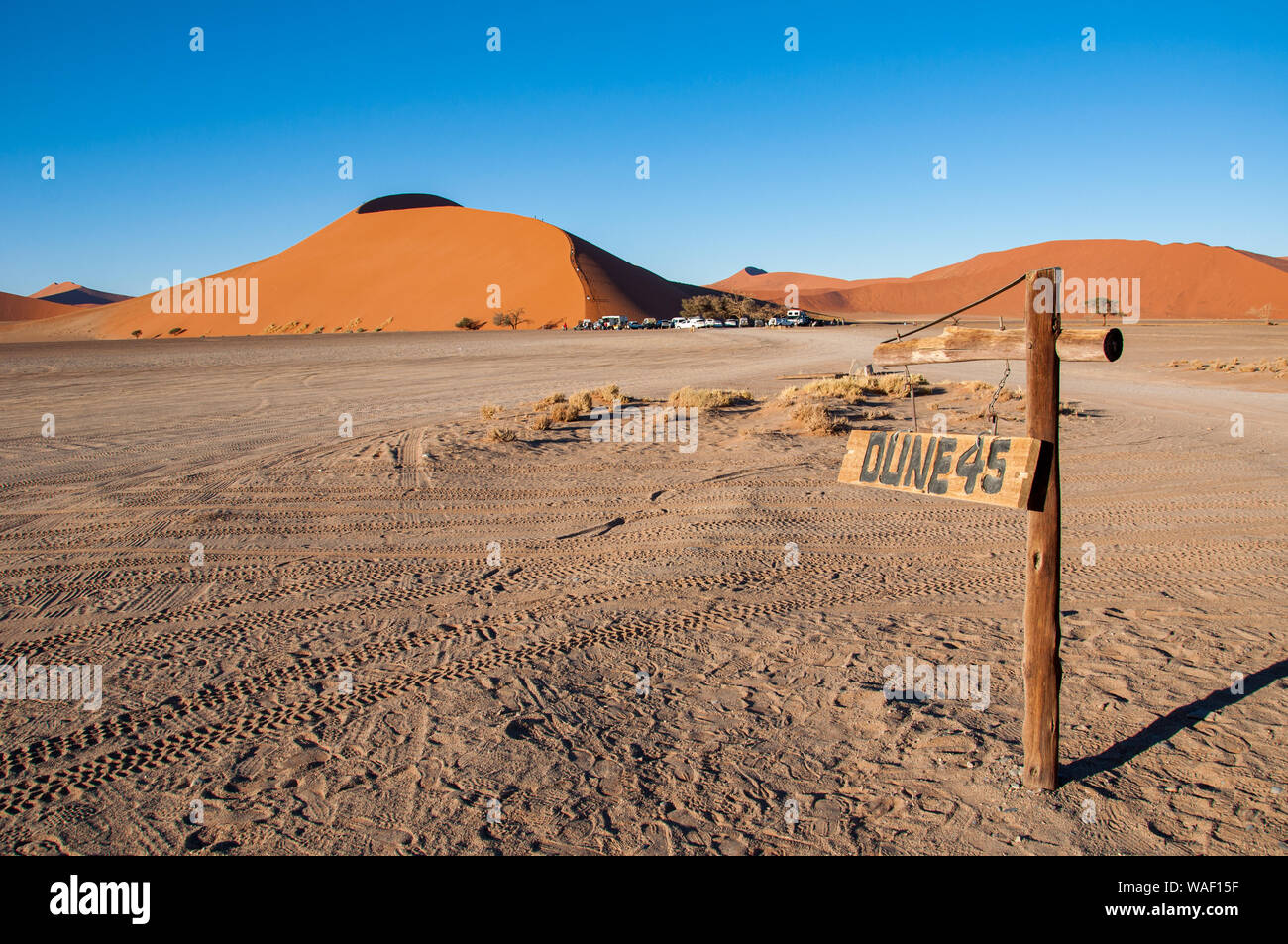 Una vista di Dune 45 in Sossusvlei nel Parco Namib-Naukluft in Namibia, con dune di sabbia 45 cartello stradale in primo piano Foto Stock