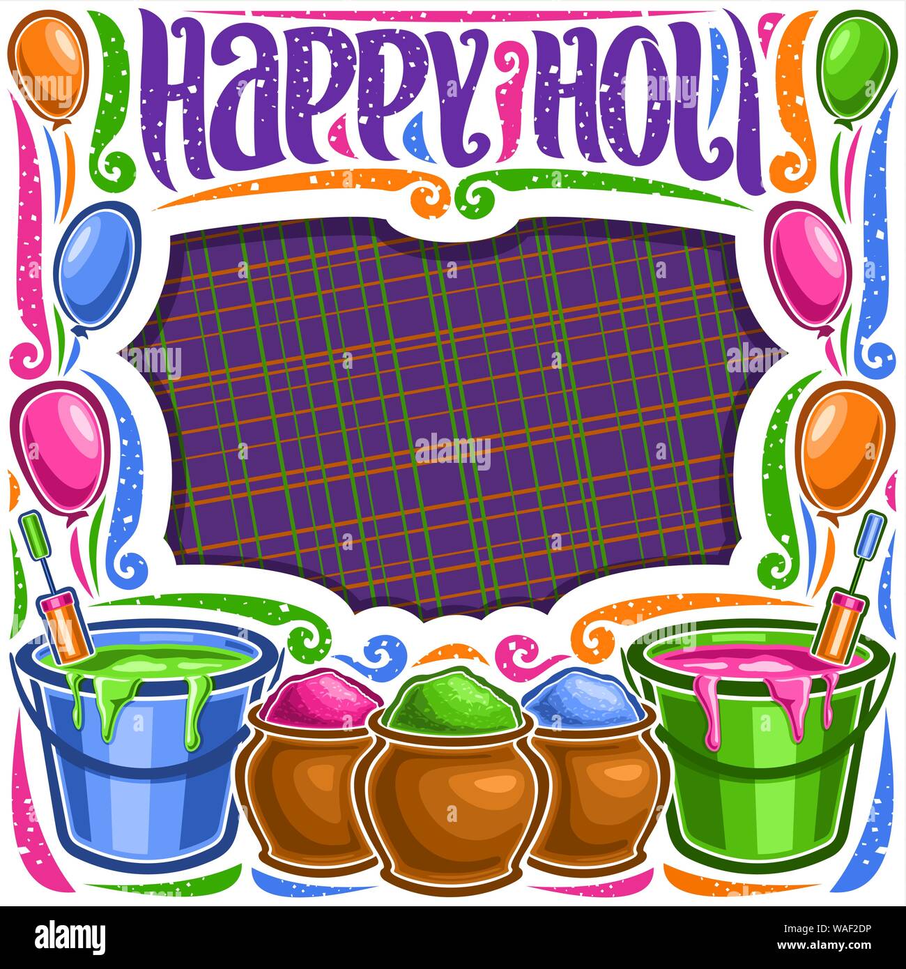 Poster del vettore per Holi festival, bianco cornice decorativa con spazio copia, scritte per parole happy holi, illustrazione di fango dei vasi con Vivid Magenta f Illustrazione Vettoriale