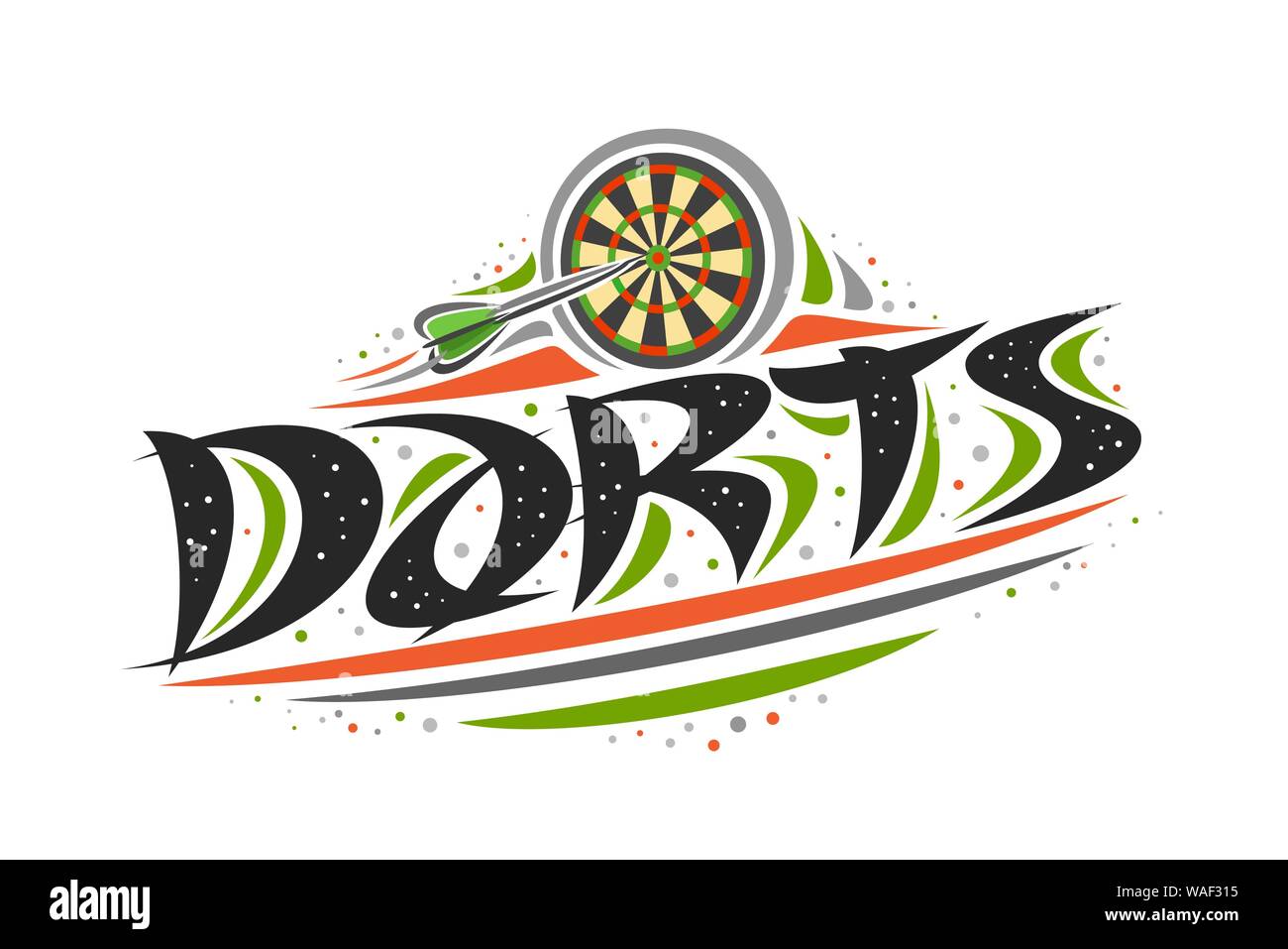Il logo del vettore per il gioco delle freccette, creative illustrazione della freccia gettati in dartboard, decorativo originale carattere tipografico spazzola per word freccette, abstract semplicistico Illustrazione Vettoriale