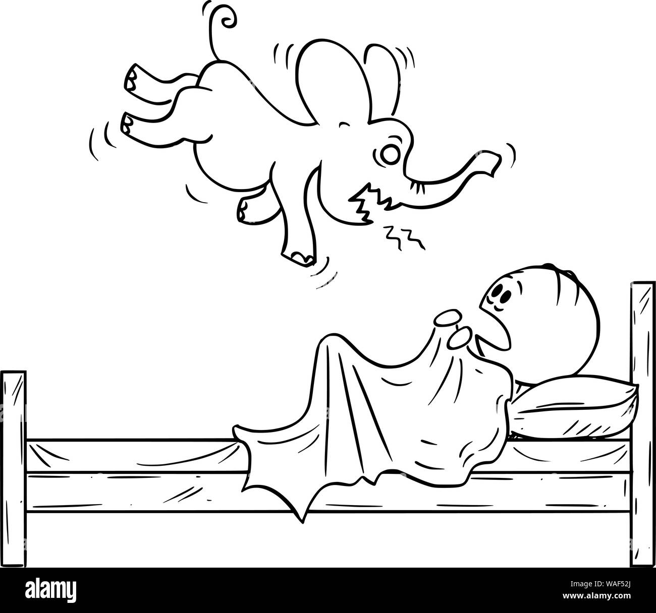 Vector cartoon stick figura disegno illustrazione concettuale dell uomo spaventato nel letto nascondendo dal suo incubo elephant mostro. Illustrazione Vettoriale