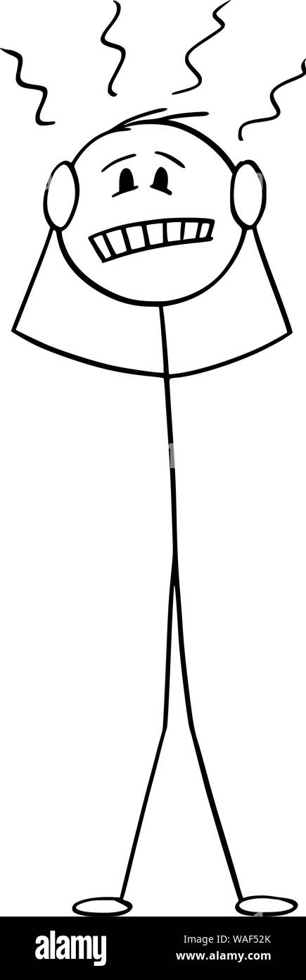 Vector cartoon stick figura disegno illustrazione concettuale dell'uomo con il mal di testa tenendo la sua testa doloroso. Uomo che soffre il dolore. Illustrazione Vettoriale