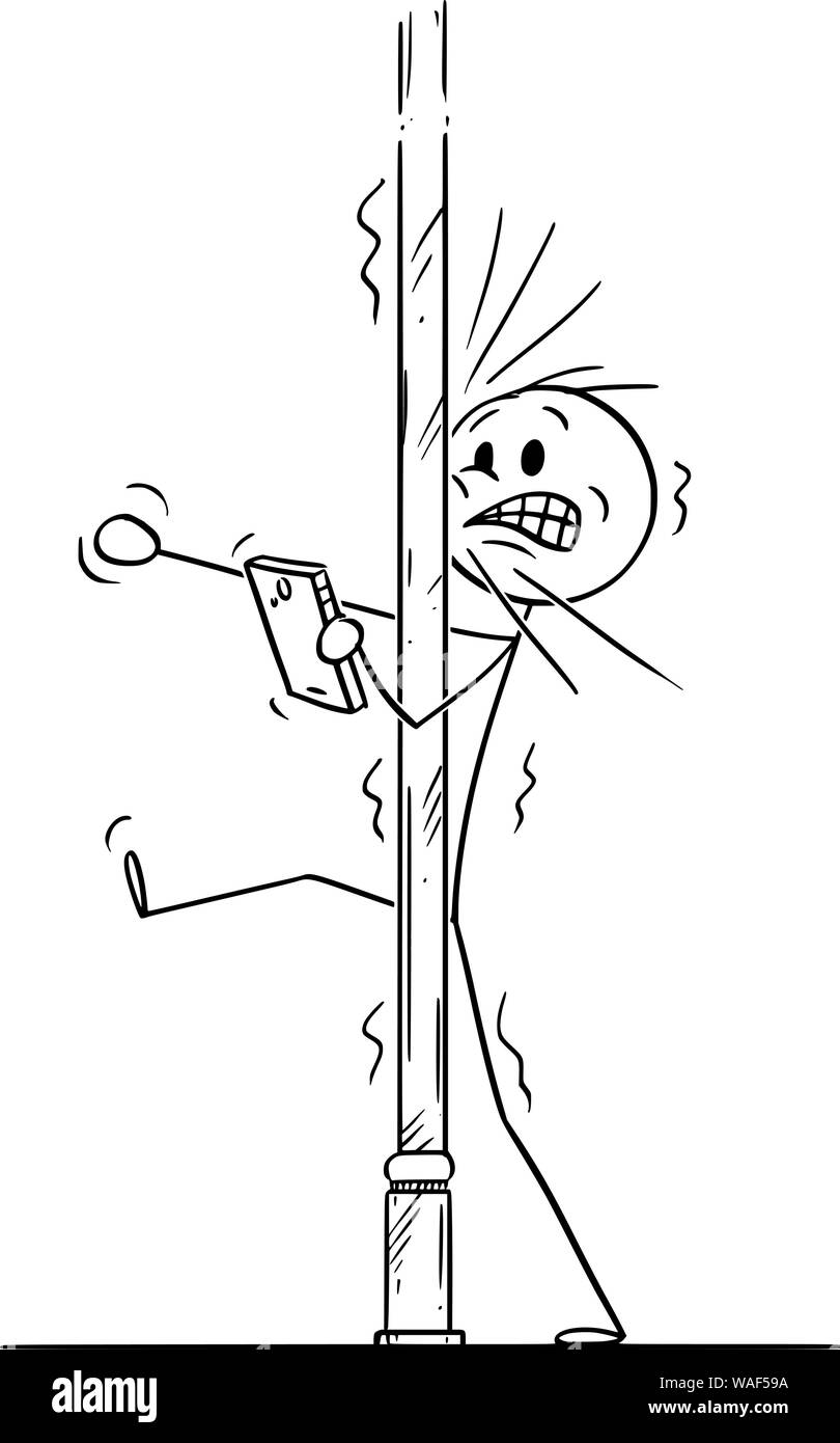Vector cartoon stick figura disegno illustrazione concettuale di un uomo che ha colpito il palo sulla strada mentre utilizzando il cellulare o telefono cellulare. Illustrazione Vettoriale