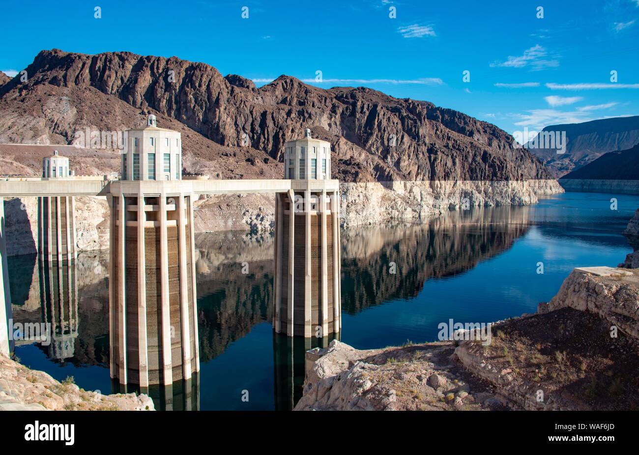 La diga di Hoover, Hoover Dam, la diga del Lago Mead, il Lago di Mead Recreation Area, Arizona, Nevada, STATI UNITI D'AMERICA Foto Stock