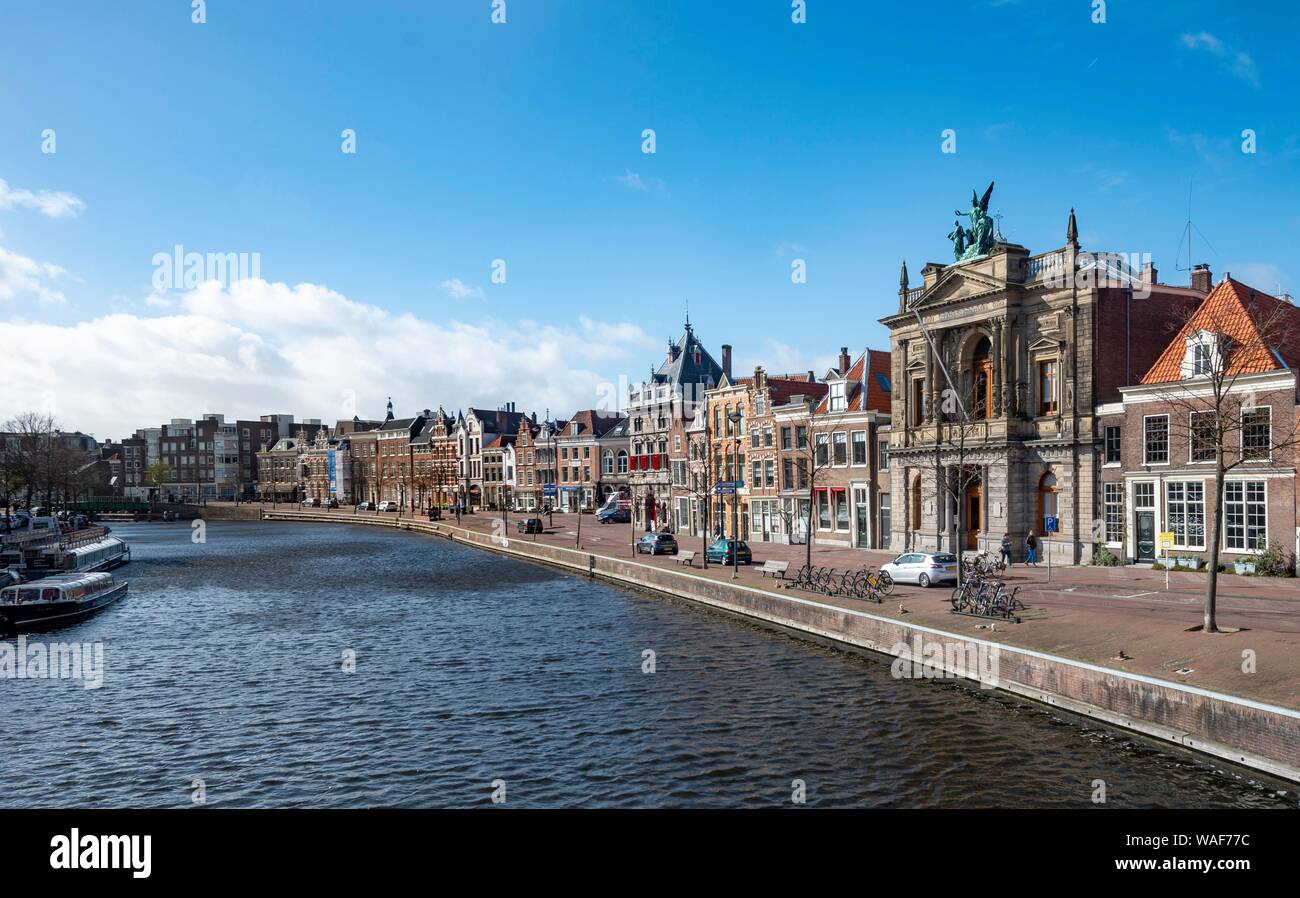 Gracht Spaarne con case storiche e Teylers Museum, il centro storico di Haarlem, Olanda Settentrionale, Olanda, Paesi Bassi Foto Stock