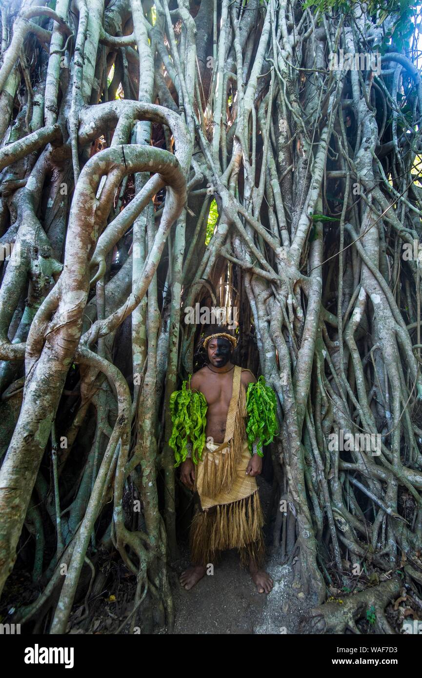 Vestito tradizionale uomo con faccia nera in piedi in un gigantesco albero banyon, Ekasup villaggio culturale, Efate, Vanuatu Foto Stock Vestito tradizionale uomo con faccia nera in piedi in un gigantesco albero banyon, Ekasup villaggio culturale, Efate, Vanuatu Foto Stock