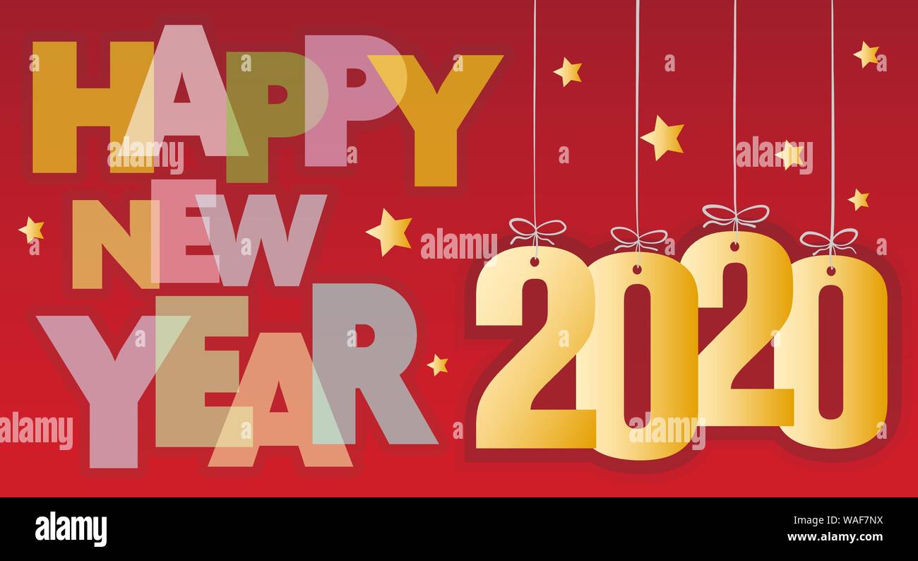 2020 Anno nuovo biglietto di auguri con testo colorato Felice Anno Nuovo su sfondo rosso illustrazione vettoriale Illustrazione Vettoriale