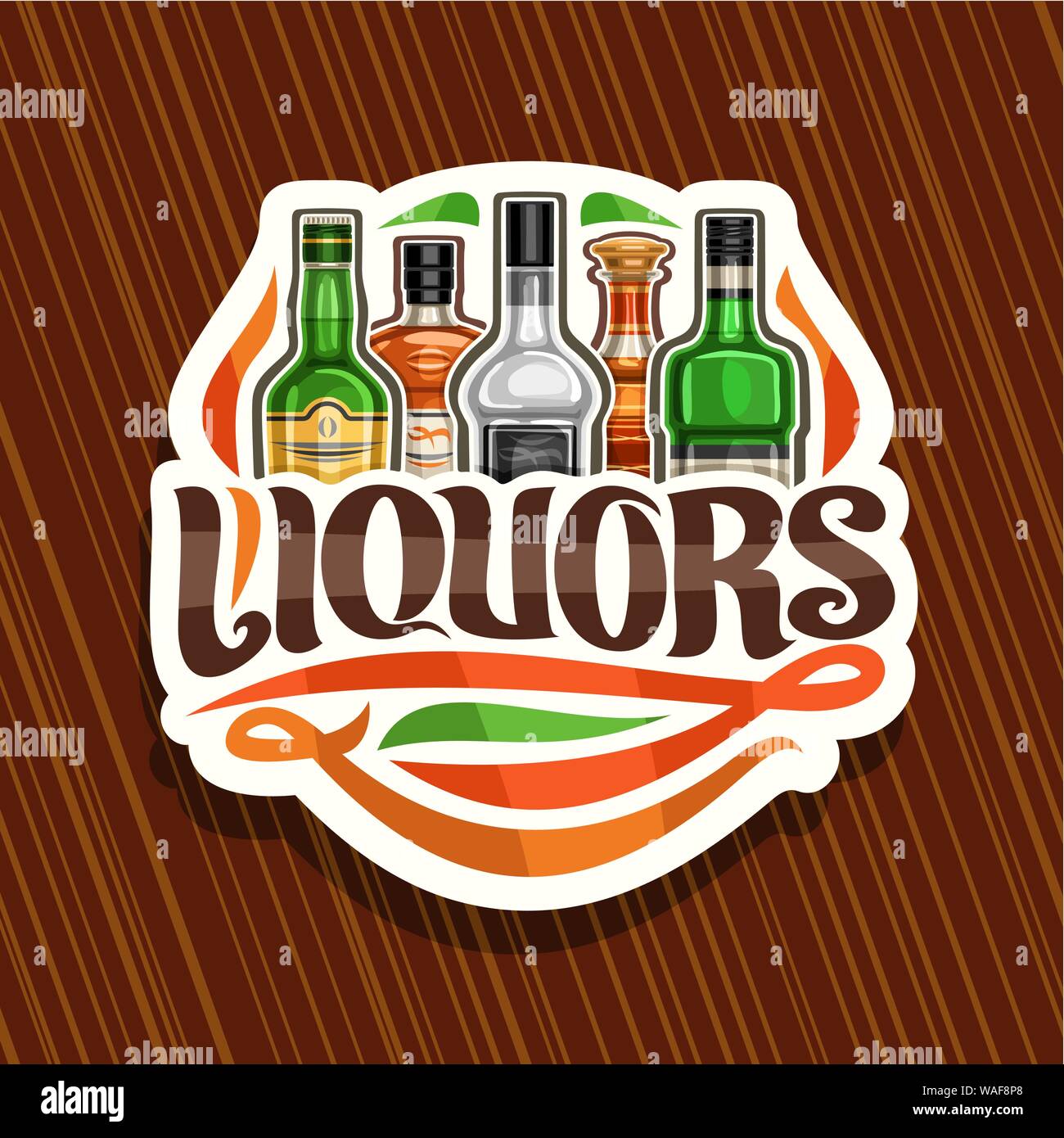 Il logo del vettore per liquori, decorativo bianco segno bordo per il dipartimento di ipermercato con 5 varietà di bottiglie di alcol duro o bevande distillate, mar morto Illustrazione Vettoriale