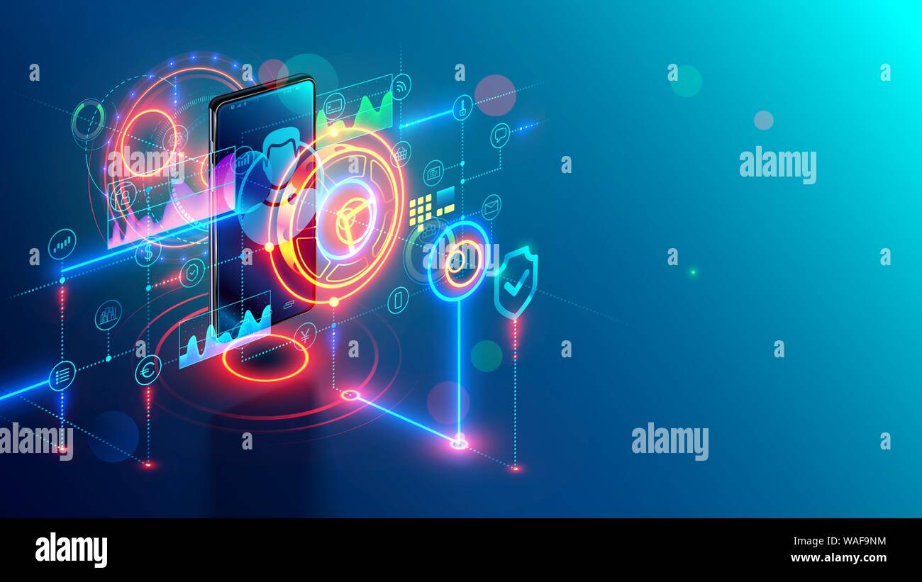 Internet mobile banking concetto isometrica. Banca online sul telefono. Web sicurezza pagamento tramite mobile app sullo smartphone. Digital security financial Illustrazione Vettoriale