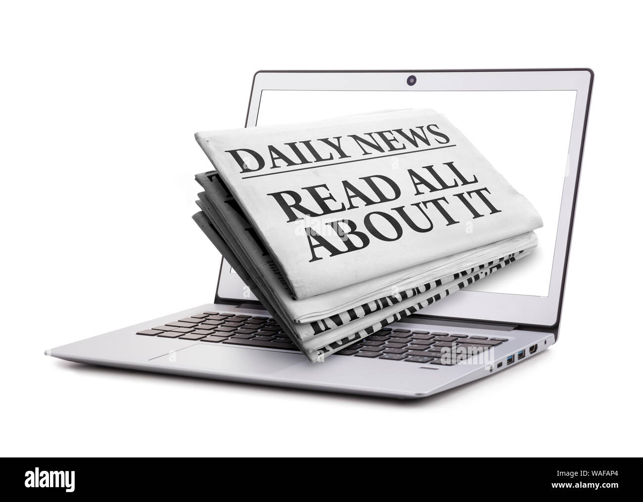 Giornale leggi tutte le informazioni headline attraverso uno schermo portatile concetto per le ultime notizie online Foto Stock