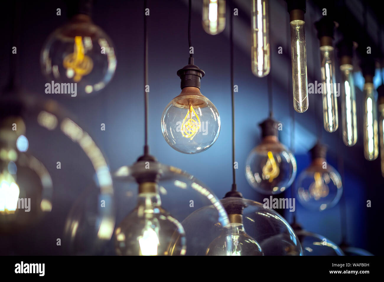 Lampadine appeso a una fila Foto Stock