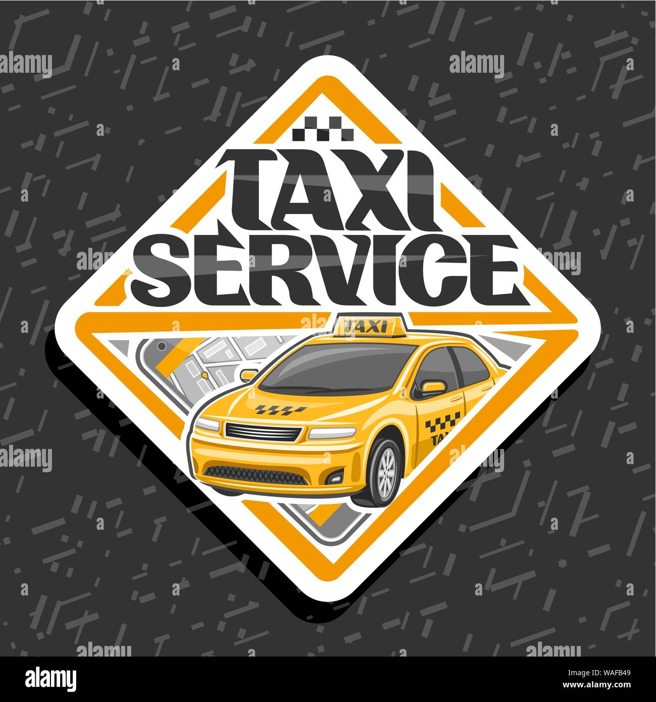 Il logo del vettore per il servizio taxi, bianco monogramma decorativo con cartoon permanente berlina e smart phone, originali scritte per parole servizio taxi, innovatio Illustrazione Vettoriale