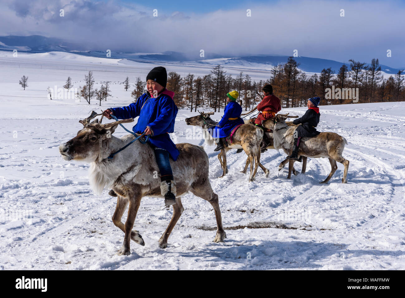 Hatgal, Mongolia, febbraio 25, 2018: Piccolo tsaatan boys in mongolo tradizionale cavallo di renne. Foto Stock