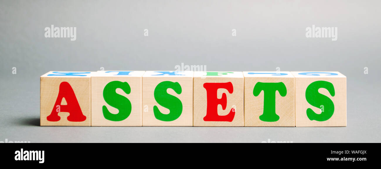 Blocchi di legno con la parola asset. La risorsa di proprietà dell'azienda. La contabilità finanziaria. Denaro e finanze. Disponibilità liquide equivalenti, i certificati di deposito Foto Stock