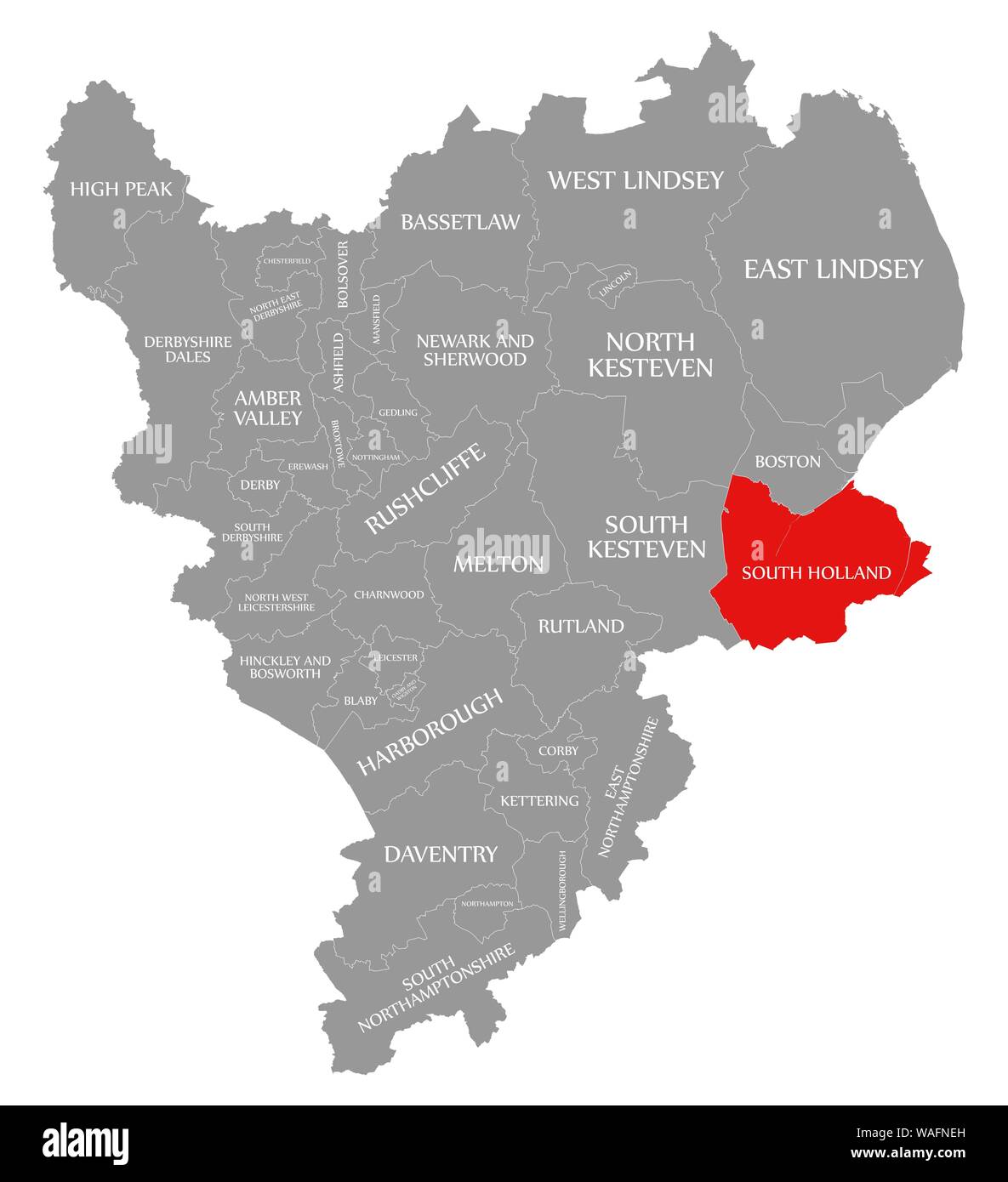 South Holland rossa evidenziata nella mappa di East Midlands England Regno Unito Foto Stock