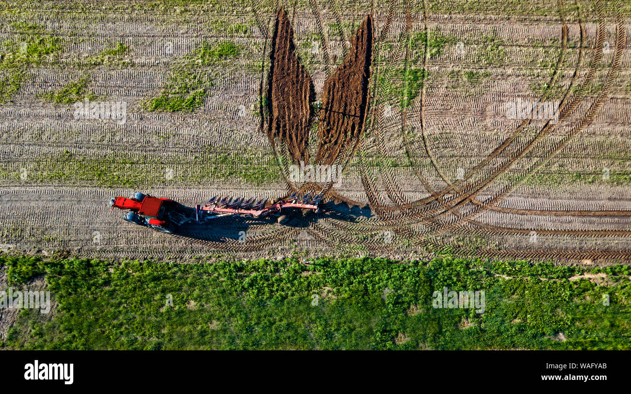 Creative driver del trattore ha attirato una farfalla sul campo vista aerea Foto Stock