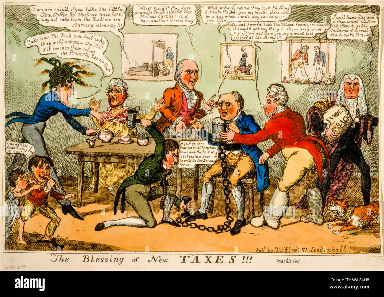 La benedizione di nuove tasse!!!, britannici del XIX secolo, Cartoon politico, 1819 Foto Stock