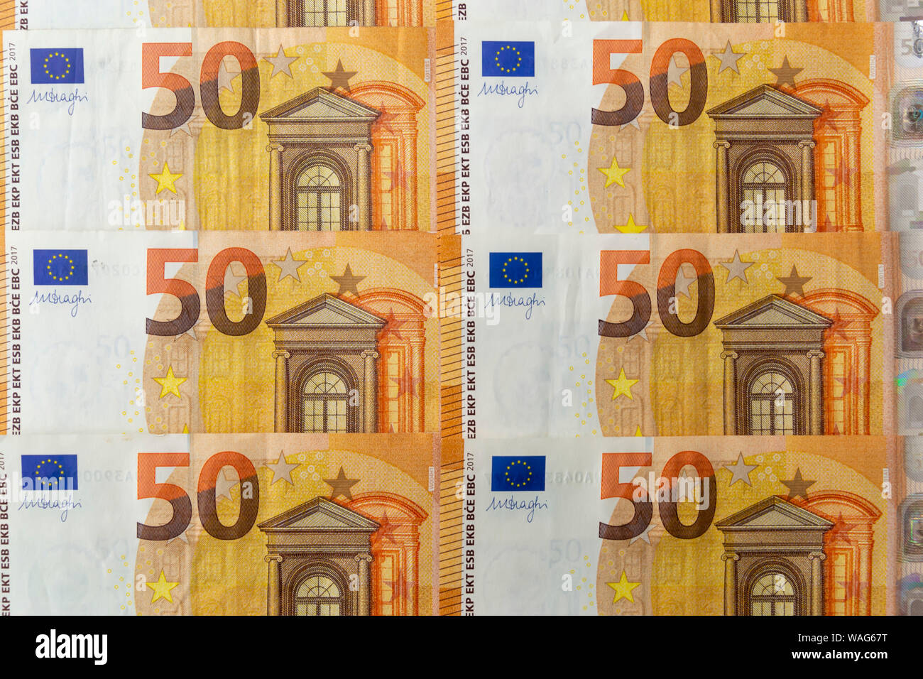 Banconote euro 50 ben definiti. Euro note di fondo su un lungo banner. Bella originale del flusso di cassa. Foto Stock