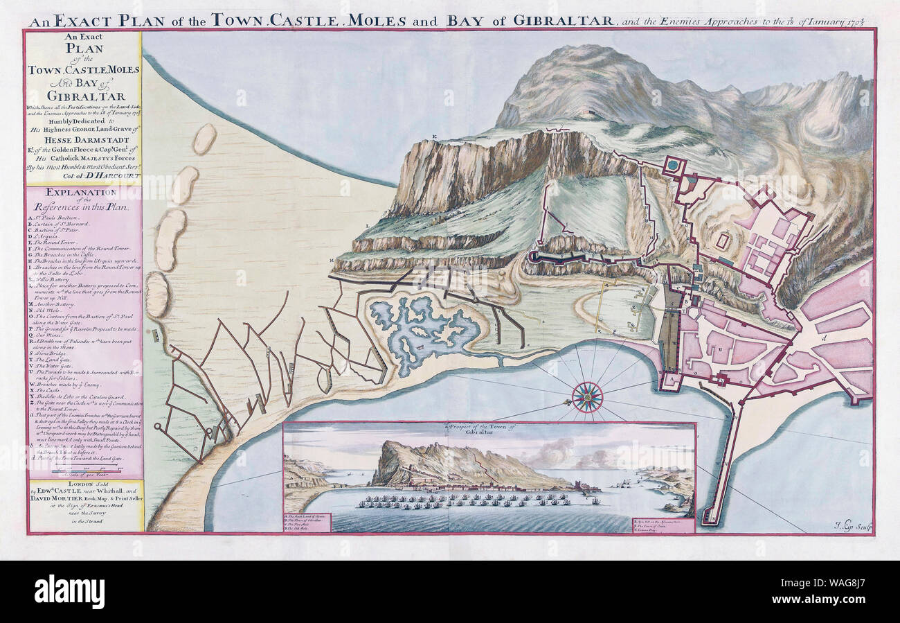 Un piano esatto del Castello Città di moli e la baia di Gibilterra durante il dodicesimo assedio di Gibilterra, settembre 1704 al maggio 1705, durante la Guerra di Successione Spagnola. Foto Stock