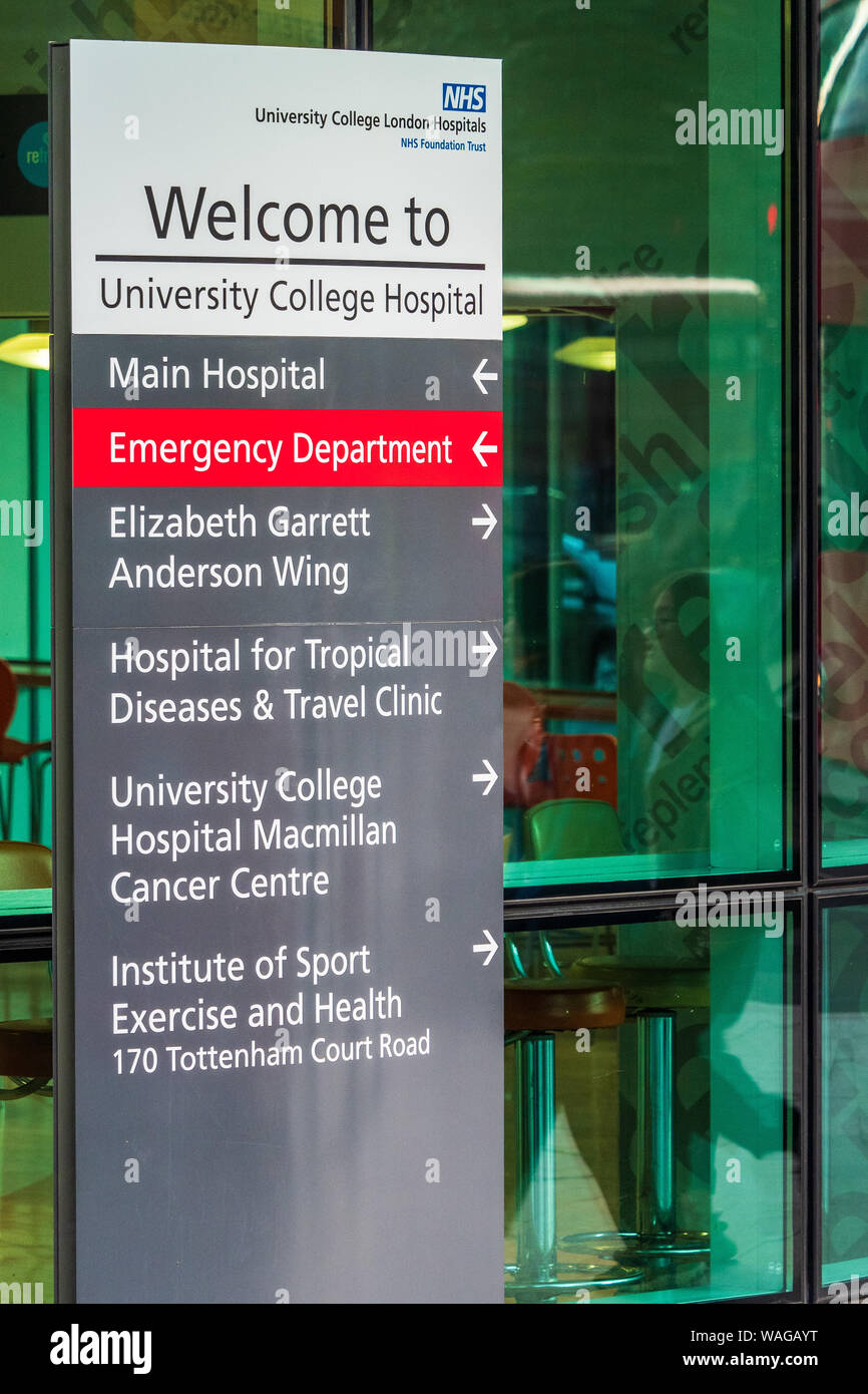 University College Hospital London Welcome Sign - UCH London. Cartello all'ingresso dell'University College Hospital Euston Road Central London Foto Stock