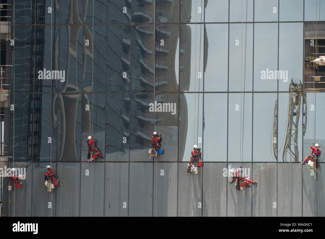 Gruppo di pulizia dei lavoratori le finestre di un edificio alto, penzolanti da fissare le funi. Lavaggio dei finestrini di un grattacielo e vista di pulire e sporcizia Foto Stock